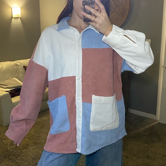 Red and Blue Colorblock Button Up/Shacket - Picture 10 of 10